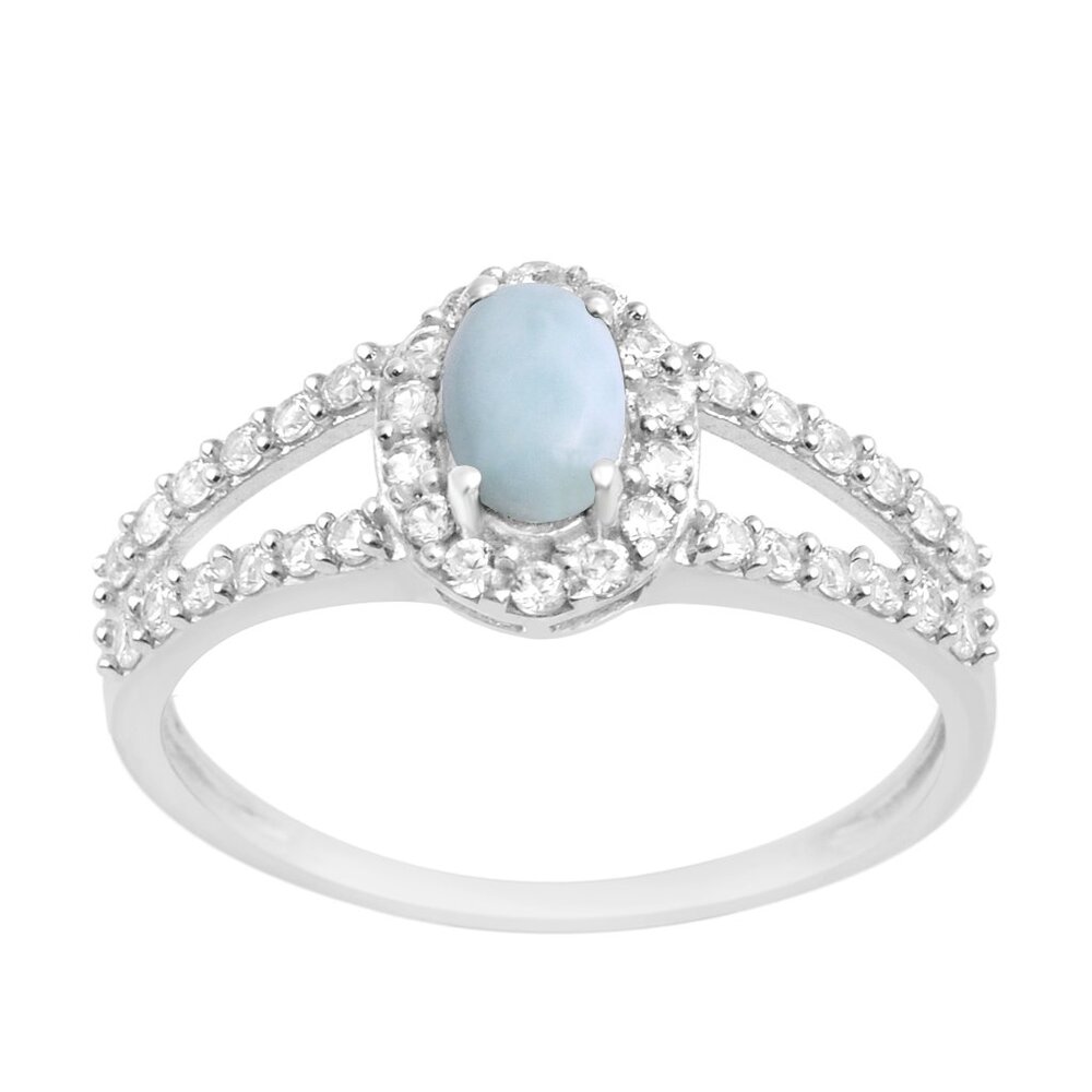 925 Sterling Silver 6x4 MM Oval Larimar Solitaire with Accents Women Ring Sz.7